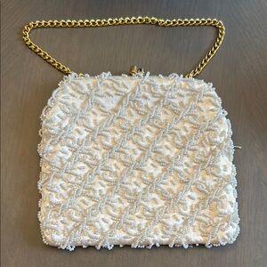 White and Gold Textured Clutch with Pearl Type Beading and Chain Strap